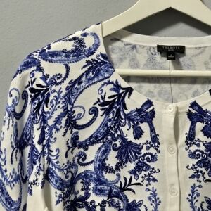 NWT Talbots Petite Size Larg Blue Picnic Paisley Print Charming Cardigan Sweater